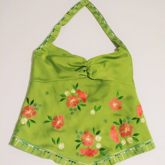Bandolino Lime Green Embroidered Floral Halter Top - Picture 2 of 6